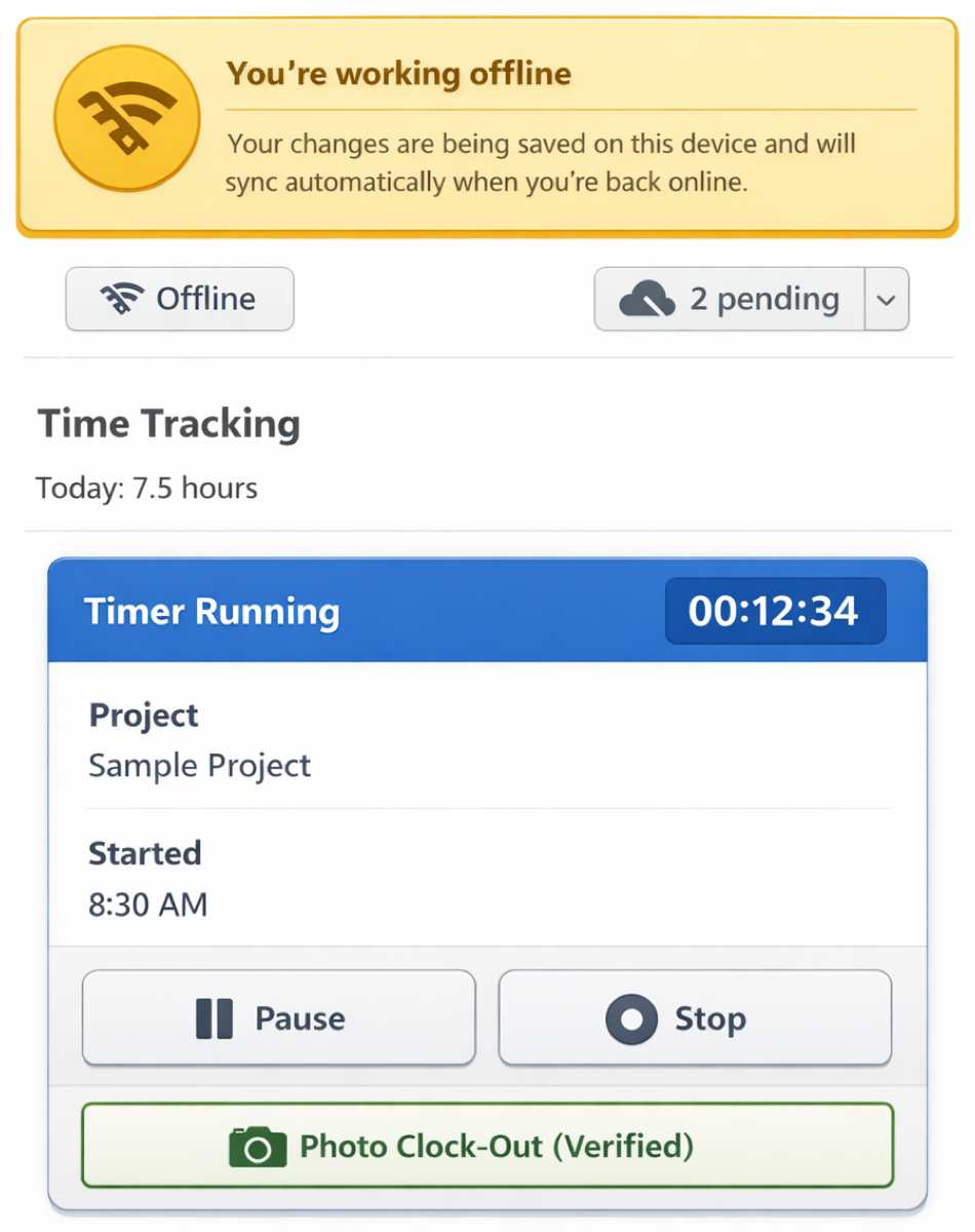 Offline time entry screen with "Will sync when online" badge